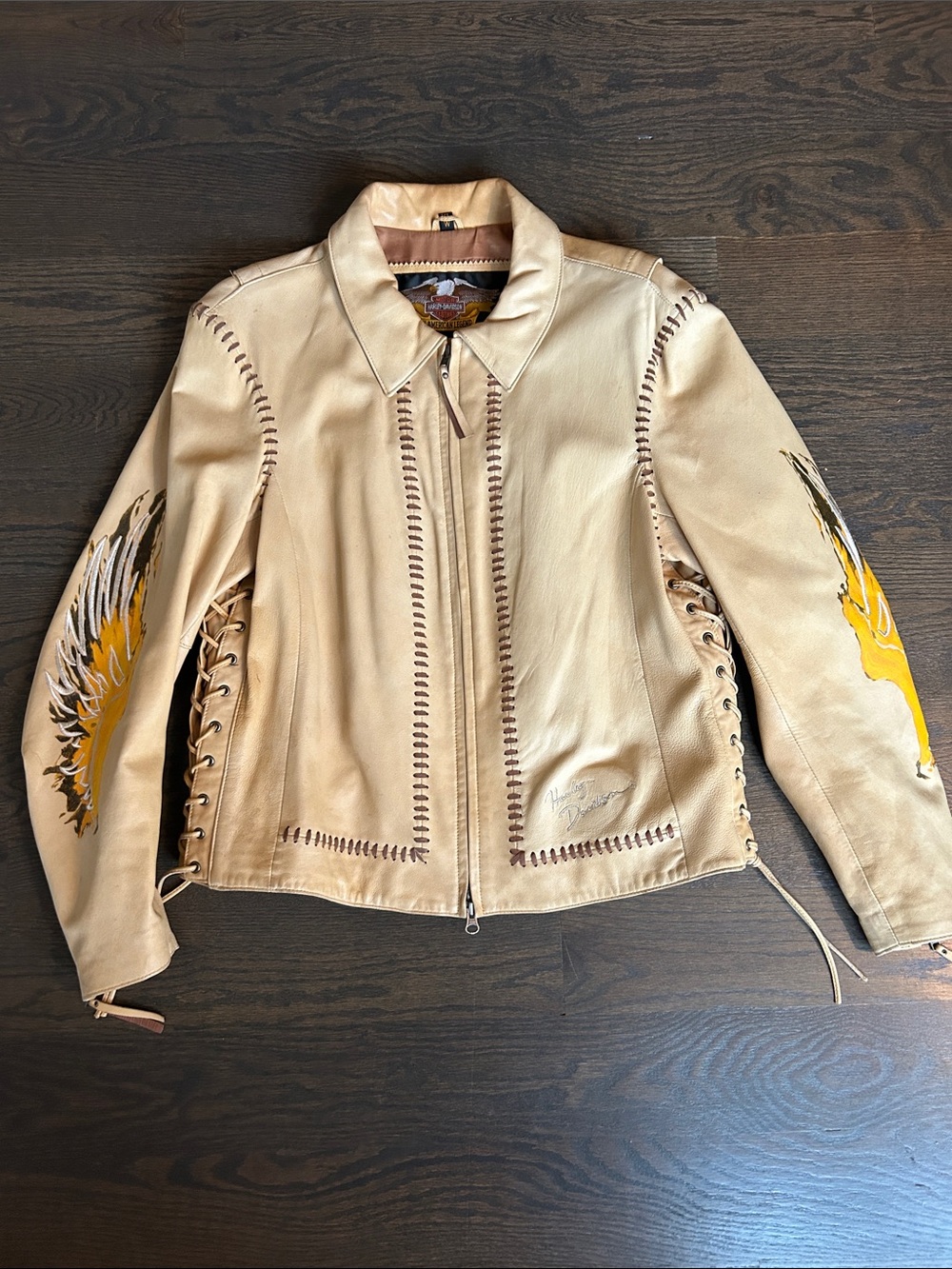 Harley-Davidson Beige Leather Jacket with Yellow Wing Sleeve Graphics